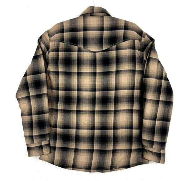 Wrangler Flannel Shirt Jacket Mens SZ S Brown Tan Plaid Fleece Lined Relaxed Fit - Picture 2 of 11